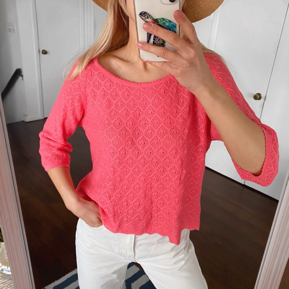 🌸 H&M PINK KNIT CAPRI SLEEVE POINTELLE STYLE LOOSE FIT SWEATER!